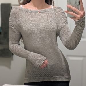 Diane Von Furstenberg Silver Metallic Shiny Open Knit Boat Neck Long Sleeve Top